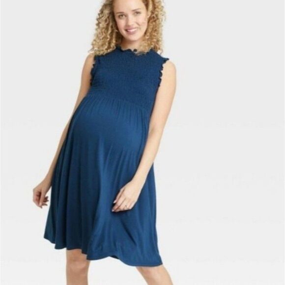 The Nines by Hatch Blue Smocked Jersey Knit Midi Dresz - Picture 1 of 6